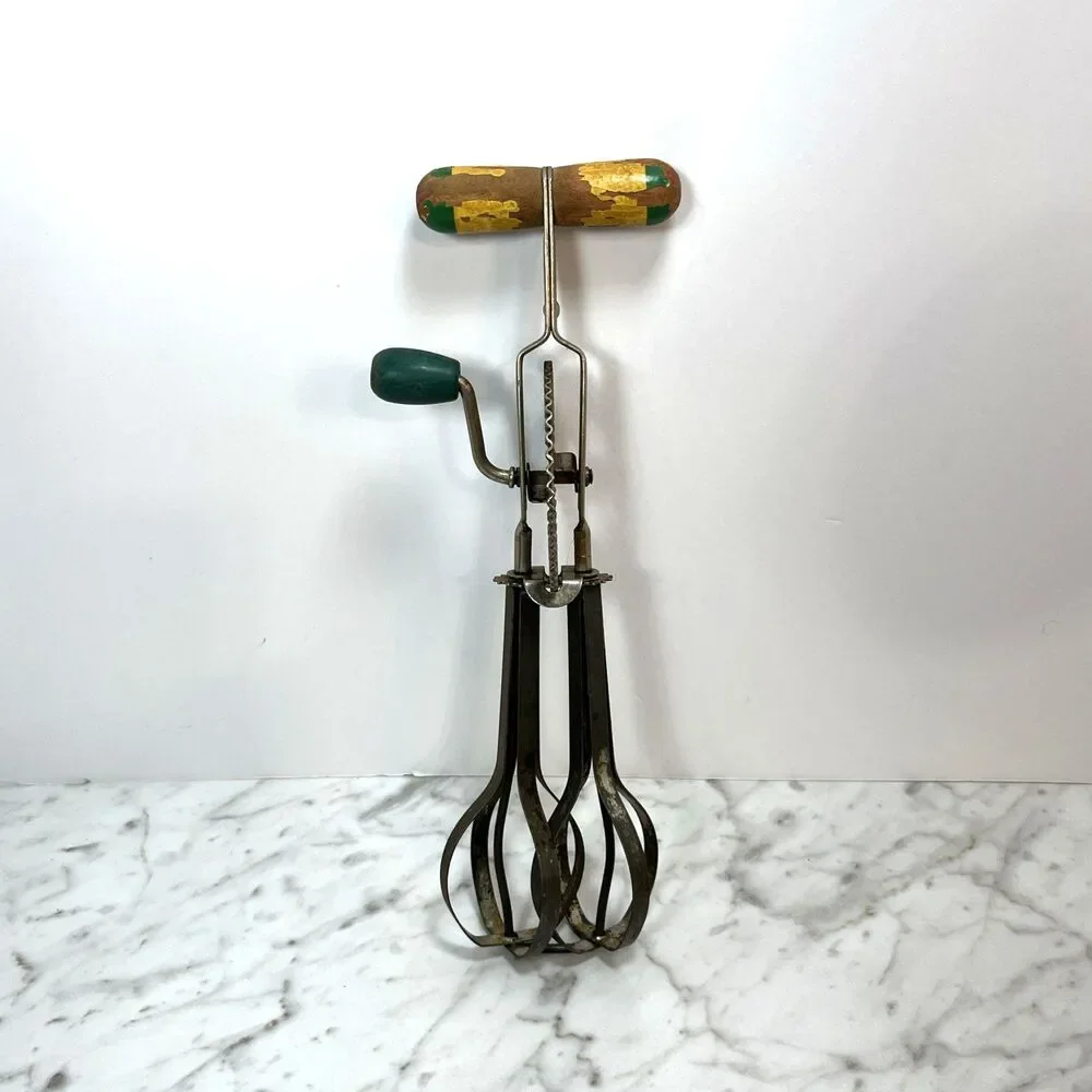 Antique A&J USA High Speed Hand Mixer Egg Beater Vintage Green Wood Handle